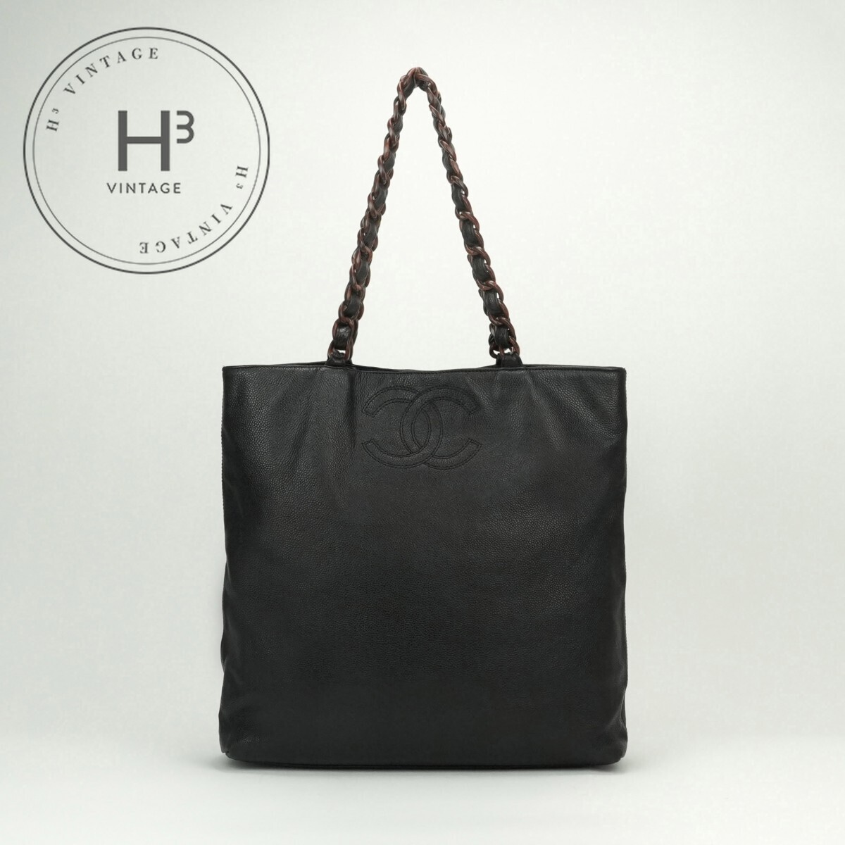 CHANEL Black Caviar Skin Tote Shoulder Bag with Silver Hardware and Chain Strap