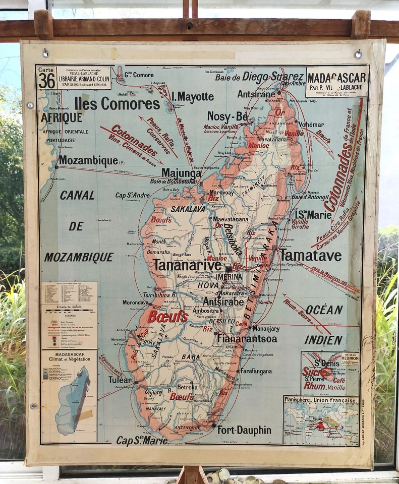 ancien carte scolaire géographie vidal lablache Colin 36 Indochine Madagascar a - Photo 2/2