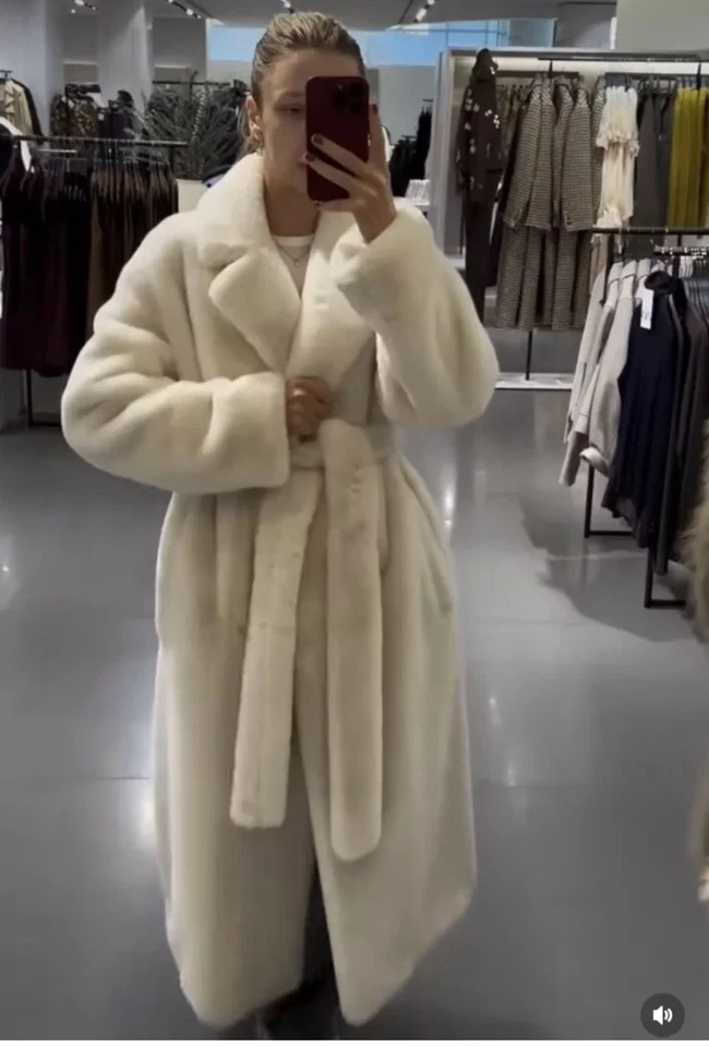 ZARA BELTED FAUX FUR COAT ZW COLLECTION ECRU NEW FW24/25 SIZE XL REF:4360/249 - Image 4 of 4