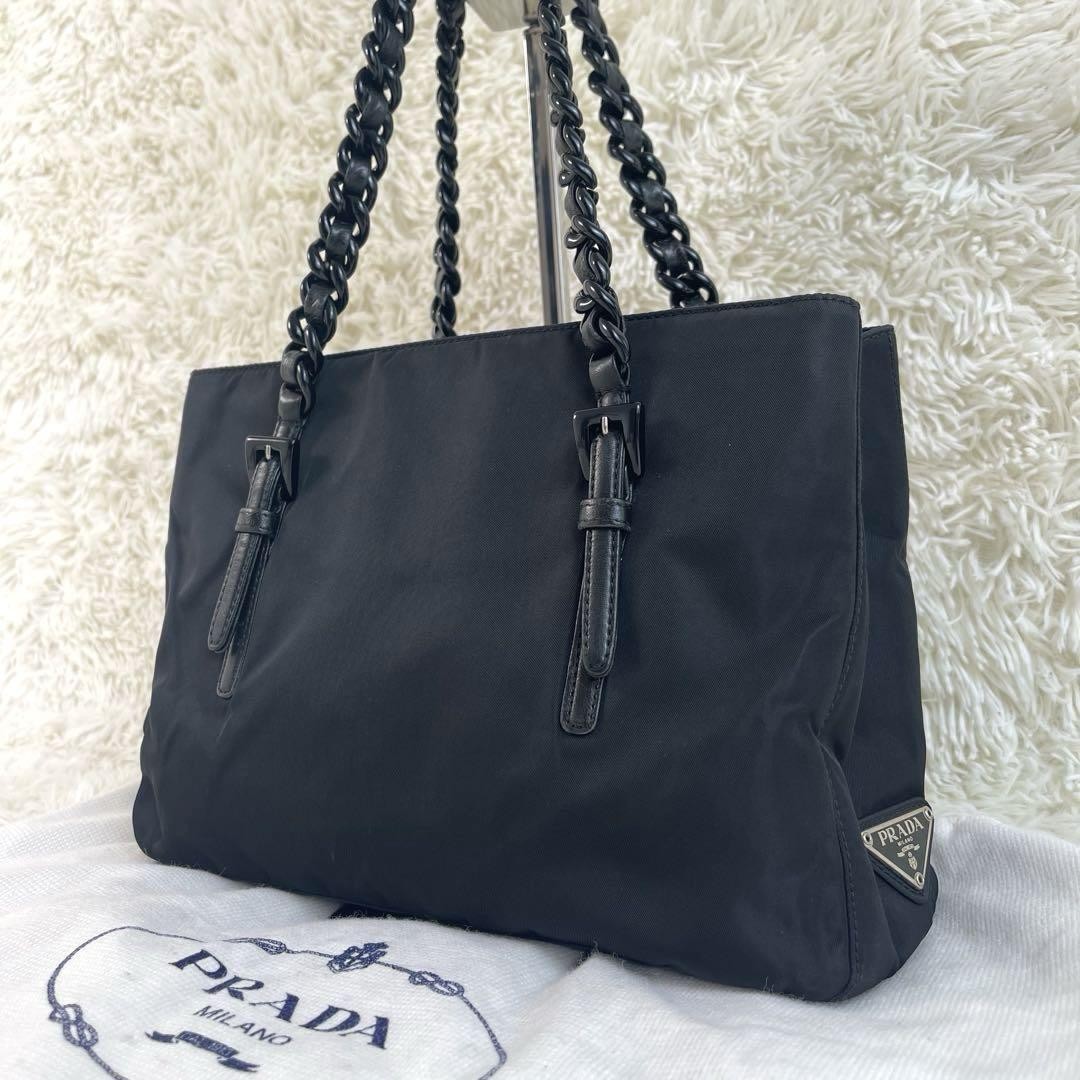 PRADA black nylon chain tote bag with triangular logo in excellent condition includes dust bag