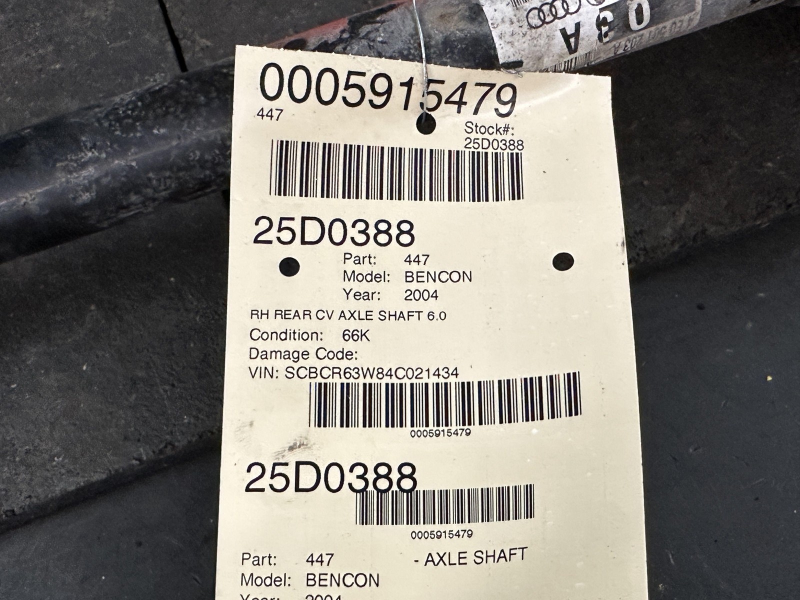 03-12 BENTLEY CONTINENTAL 6.0 REAR PASSENGER RIGHT CV AXLE SHAFT 4E0501203A