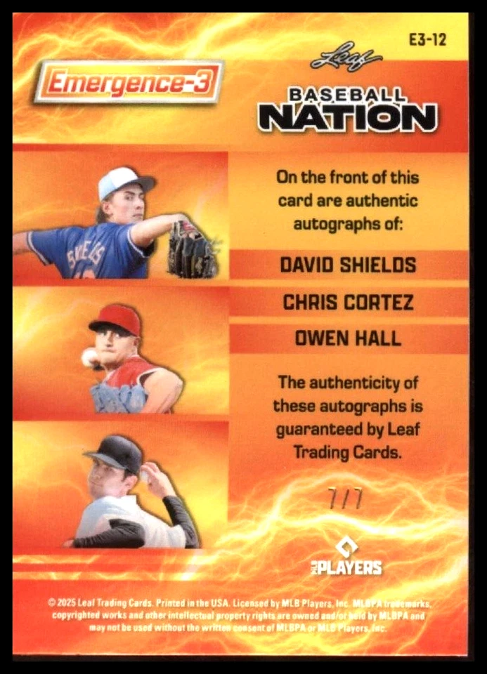 2025 Leaf E3-12 Triple Auto 7/7 Shields/Cortez/Hall 🔥 Blue Shimmer RC SSP - Image 2 of 2