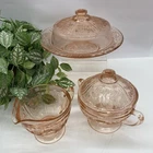 1930s Federal Glass Sharon Cabbage Rose Pink Lid Butter Dish, Creamer Sugar Lot