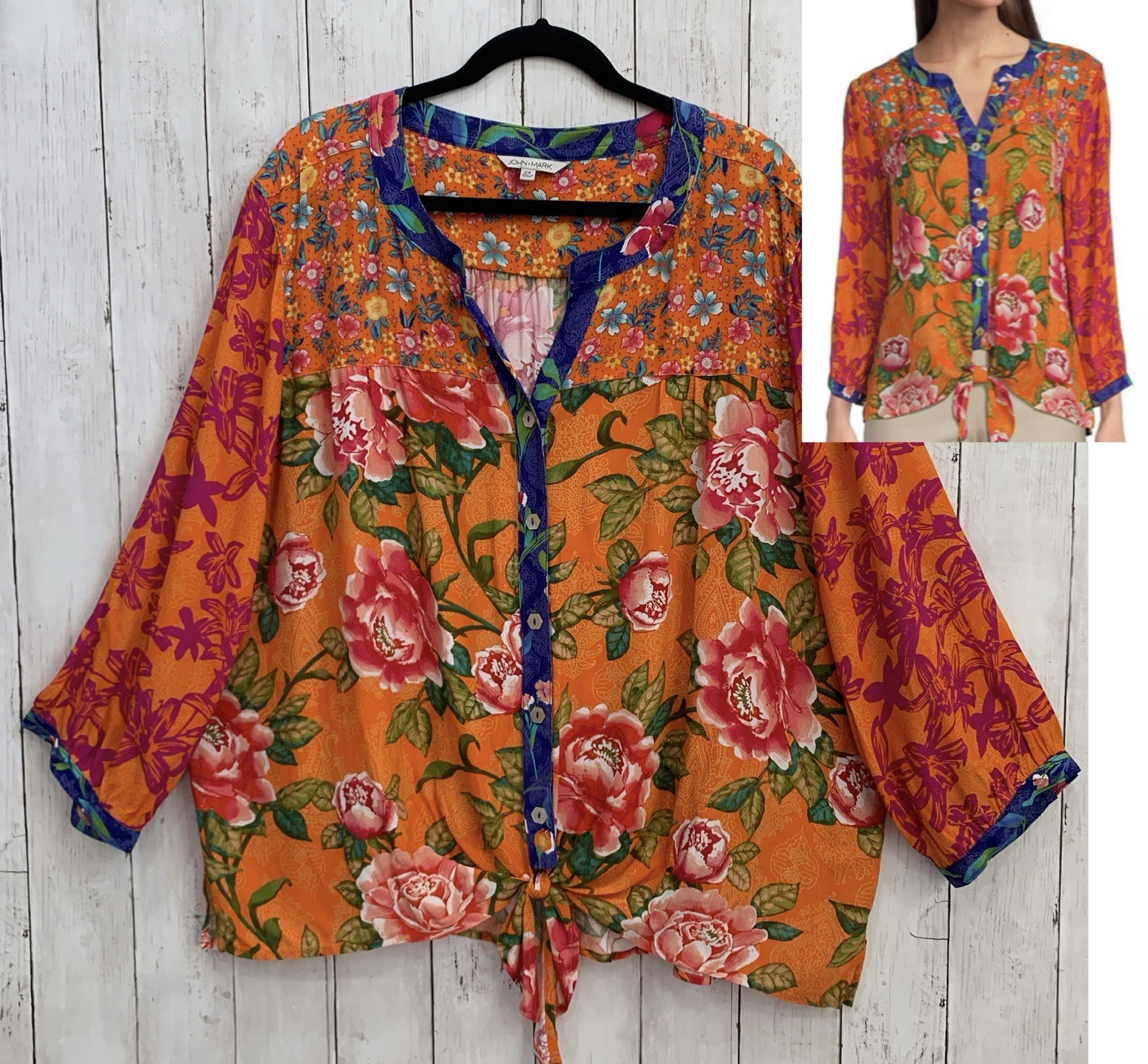 John Mark 2X Orange Rose Floral Button Down Tie Front Boho Top Long Sleeve NWT