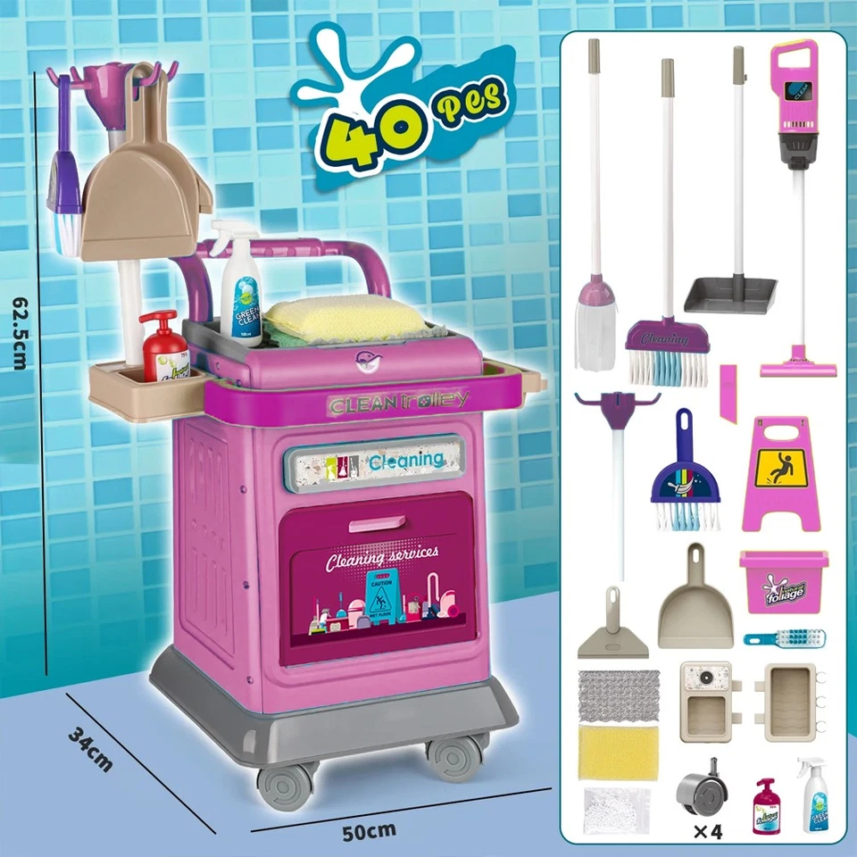 Set Carrello Pulizia Bambini Trolley Rosa Accessori Gioco Educativo Idea Regalo - Immagine 4 di 4