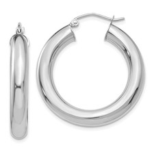 14k White Gold Hoop Earrings Women Medium Round Polished Minimalist Lightweight