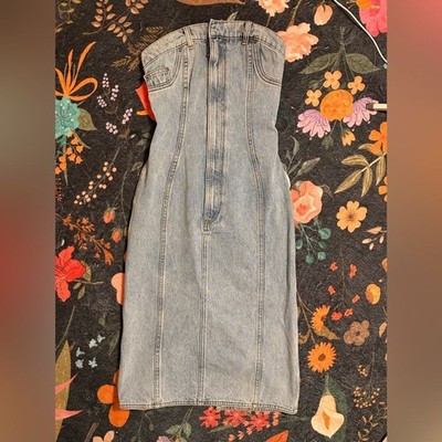 New AREA Midi Dress in Super Light Wash blue denim jean strapless