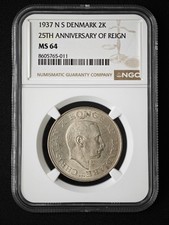 1937 N S Danimarca 2K 25° Anniversario del Regno NGC MS 64 Moneta Argento UNC #011