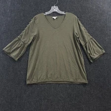 J Jill Shirt Women's Medium Moss Green V Neck Bell Sleeve Boho Cotton Top