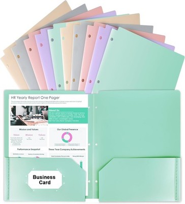 HABGP 3 Hole Pocket Folders, 10 Pcs Pastel Color Heavy Duty Plastic Pocket