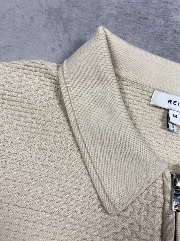 Reiss 1/3 Cremallera Polo Old Money Hombres Talla M Beige Manga Corta Lujo - Imagen 4 de 4