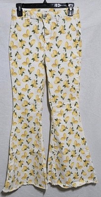 Versona Flared Leg Jeans Womens Size 4 Lemon Print Frayed Hippy Gypsy Boho