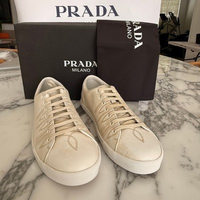 Prada Milano 2EE448 Mens White Pebbled Leather Low Top Sneakers, UK 11