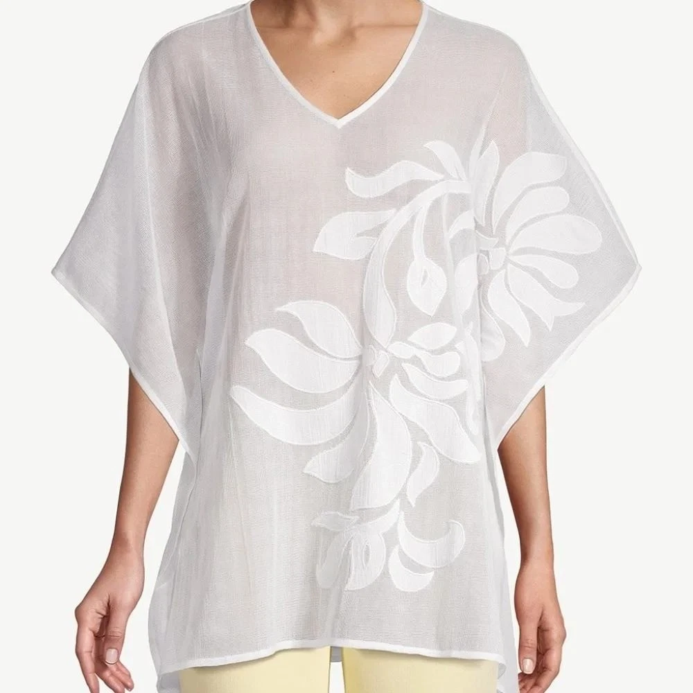 CHICO'S Women's L/XL NWT White Sheer Mesh Tropical Floral Poncho Ruana Cover Up