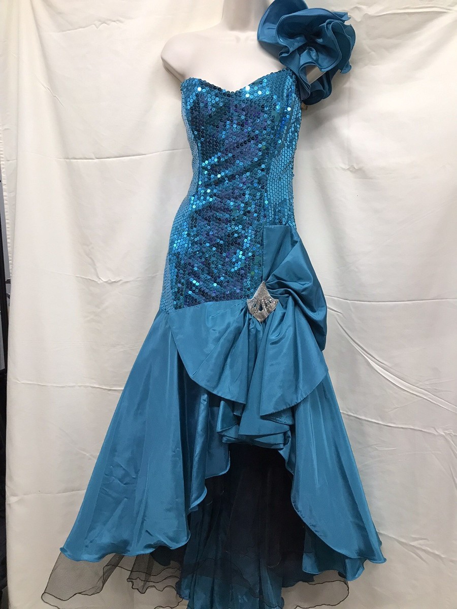 Vintage Nadine Teal Sequins One Shoulder Prom Party Formal Dress Gown Sz 11  USA