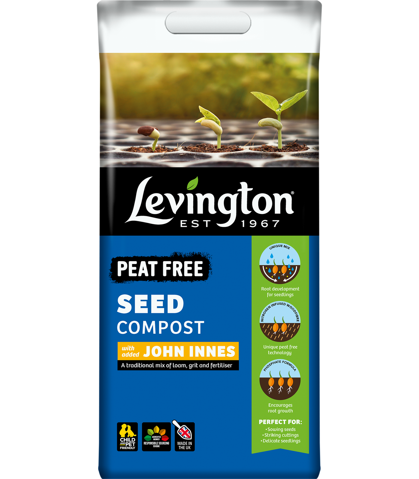 Levington Peat Free Seed Compost with John Innes for Sowing & Cuttings, 10L