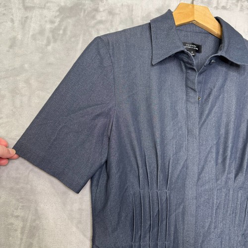Tahari Dress Womens 6 Blue Twill Button Front Pintuck Waist Short Sleeve Stretch - Picture 3 of 12