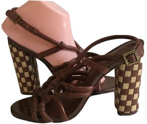 Tory Burch Layce Woven Canvas Leather Heel Sandals Shoes Size 8m Pre Owned