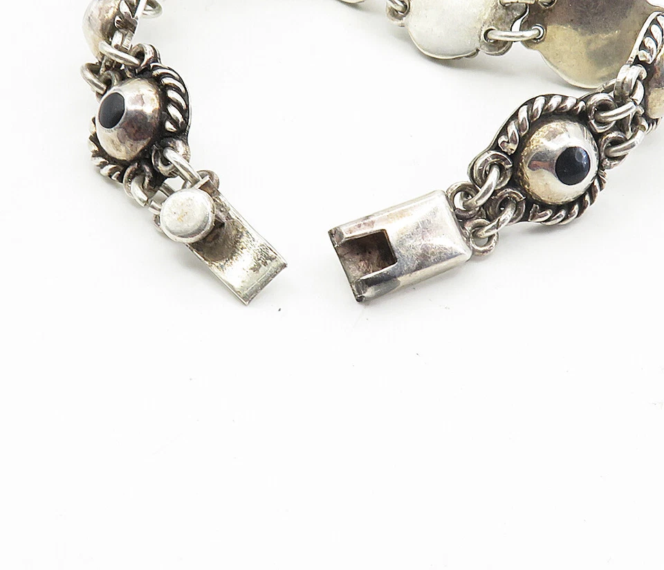 MEXICO 925 Silver  Vintage Turquoise Onyx & Jasper Chain Bracelet  BT3954 - Image 4 of 4