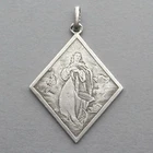 French, Antique Religious Large Pendant. Saint Virgin Mary. Cherub. Silver Medal