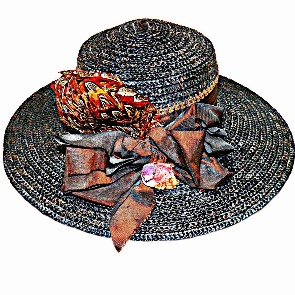 Marron Cuivre Faisan Plume Paille Capeline Soleil Large Bord Derby Chapeau Sz - Photo 1/4