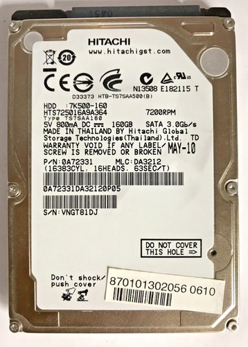 160 GB SATA NOTEBOOK FESTPLATTE HITACHI  HTS725016A9A364 2,5'' ZOLL #NFP626