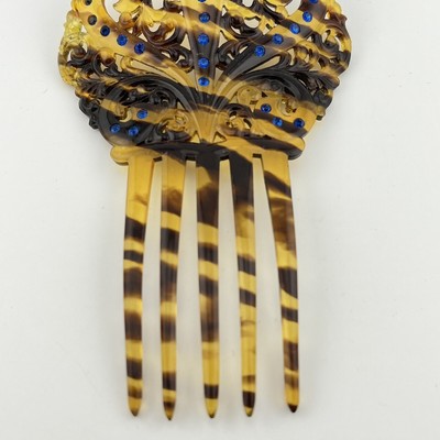 Vintage Lucite Tortoise Shell Blue Rhinestone Hair Comb  display picture 1