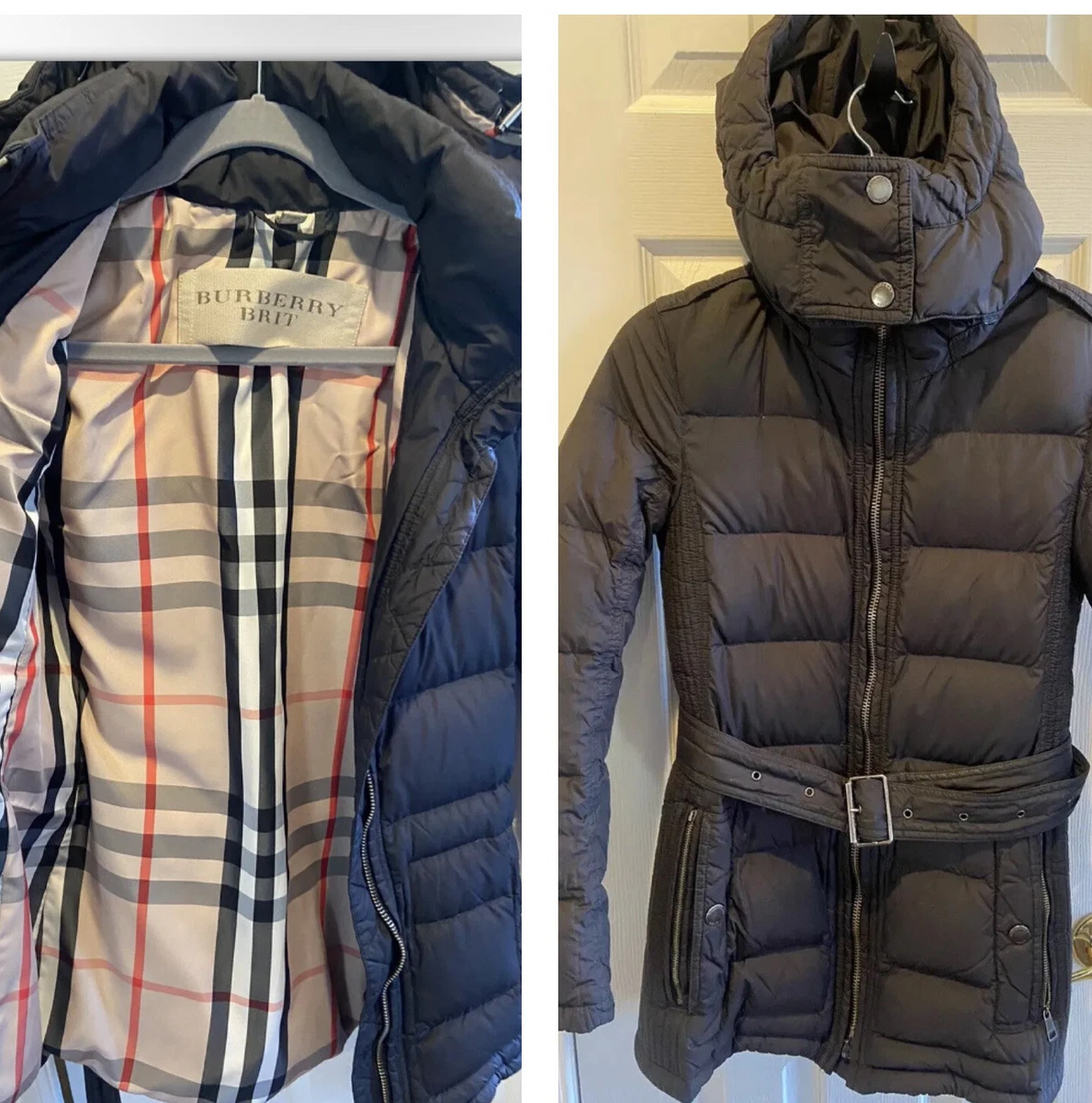 BURBERRY BRIT Mareton Coat Down Puffer Quilted Belted Navy Jacket Women Small
