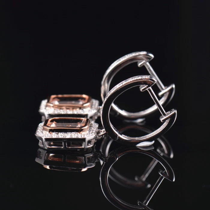 Solid 14K Gold Natural Diamond Pink Morganite Leverback Earrings - Image 4 of 4