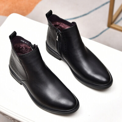 Winter New Formal Mens Cotton Shoes Leather Side Zipper Faux Fur Lining  Boots Sz