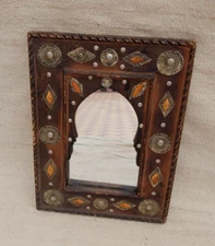 Vintage Rare Handmade Traditional Moroccan Wall Mirror Bone And  Engraved Metal