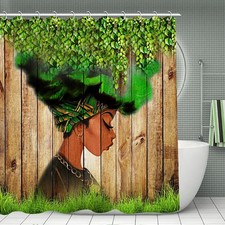 African Woman Shower Curtain Afro Black Art Green Leaves Women Watercolor Des...