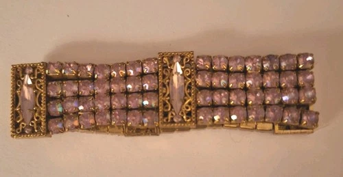A Vintage 1950s Pink Rhinestone Gold-tone Stretch Costume Jewelry Bracelet