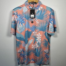 Bad Birdie Floral Performance Short Sleeve Golf Polo Shirt Men's Medium Peach