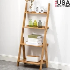 4 Tier Bamboo Ladder Shelf Freestanding Storage Unit Durable Home Organizer New