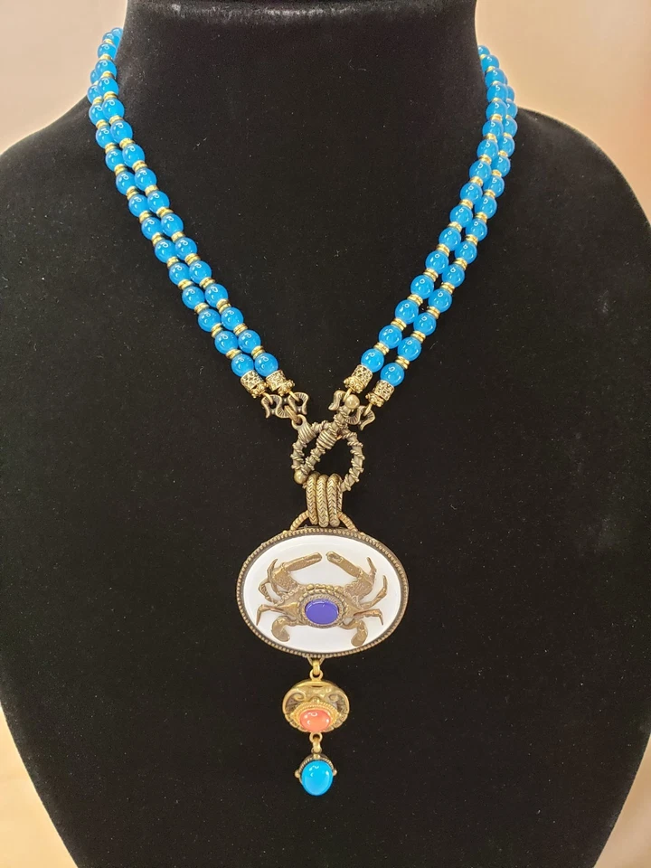 Patrice Blue Beads Crab Pendant Toggle Necklace Sea Life - Image 2 of 4