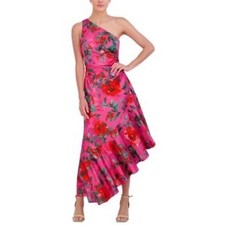 Eliza J One Shoulder Floral High Low Ruffle Maxi Dress Pink Red Size 8 n3