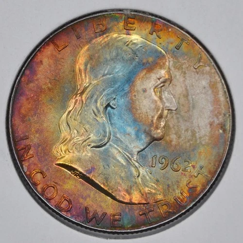 1962-D 50C Franklin Half Dollar Uncirculated - Lovely Dual Sided Toning F4