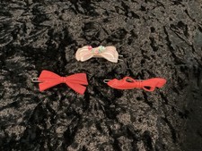 Vintage Lot Of 3 Red Bows, Pink Bow Flowers Hard Plastic Barrettes 1960s