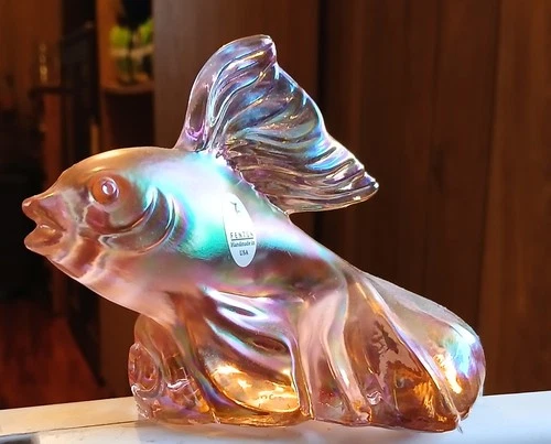 Fenton Pink Iridescent Glass Messenger Fish Figurine Signed Sean K Fenton