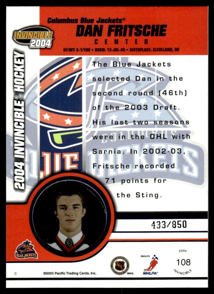 2003-04 Pacific Invincible Red Dan Fritsche 433/850 Columbus Blue Jackets #108 - Image 2 of 2