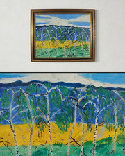 Signed Amelin 1957 Oil Painting Scandinavian Seascape Birch Trees Mid