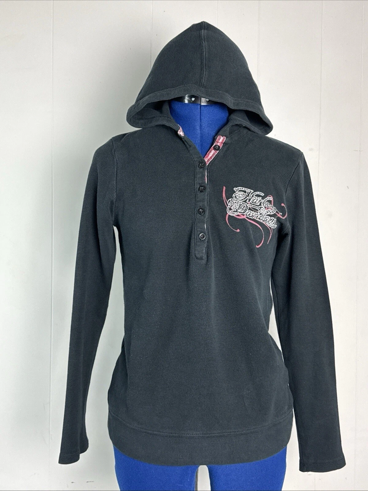Harley Davidson Hooded Thermal Pink Rhinestone Shirt Hoodie Woman's Large Bling