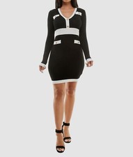 Crave Fame Juniors' Women's Rib-Knit Contrast-Trim V-Neck Dress Size S
