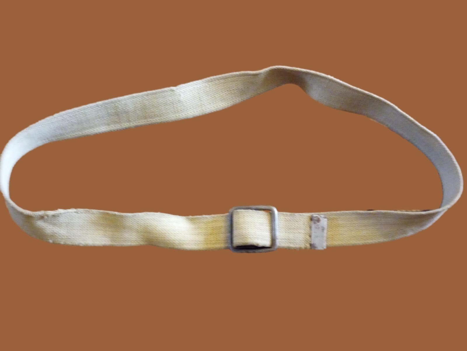 MILITARY ISSUE FRENCH ARMY KHAKI WEB BELT WITH OPEN FACE BUCKLE LARGE WWII ERA