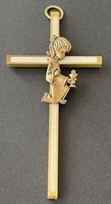 FIRST COMMUNION CROSS Brass Girl Praying Kneeling Religious Wall Child VINTAGE