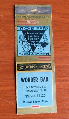 vintage Matchbook cover - Wonder Bar, Honolulu Hawaii - Caesar Lopez Mgr 