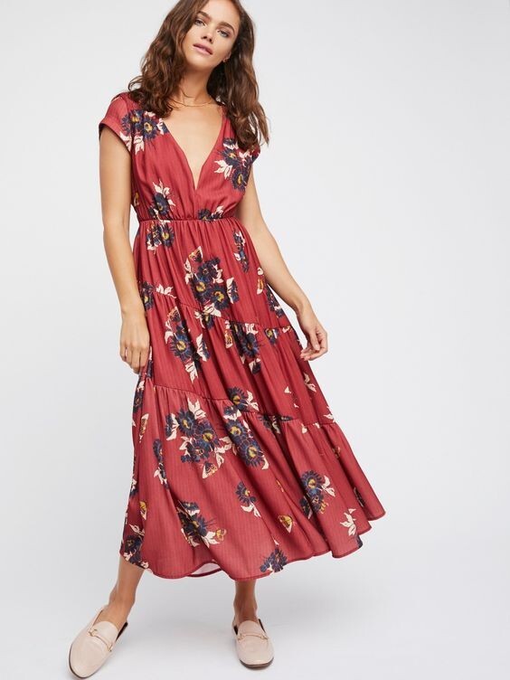 Free People All I Got Maxi Dress Red Combo size 2 ruffle floral