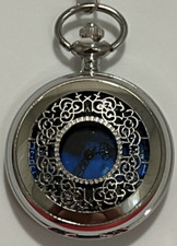 Quartz Pocket Watch Silver Hollow Case Cover Blue Starry Night Dial Analog New