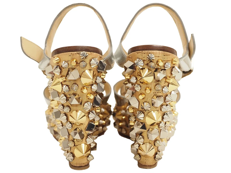 Подлинные сандалии-гвоздики Christian Louboutin на танкетке подошва серебристые кожа размер 35 повторное использование - Изображение 3 из 4